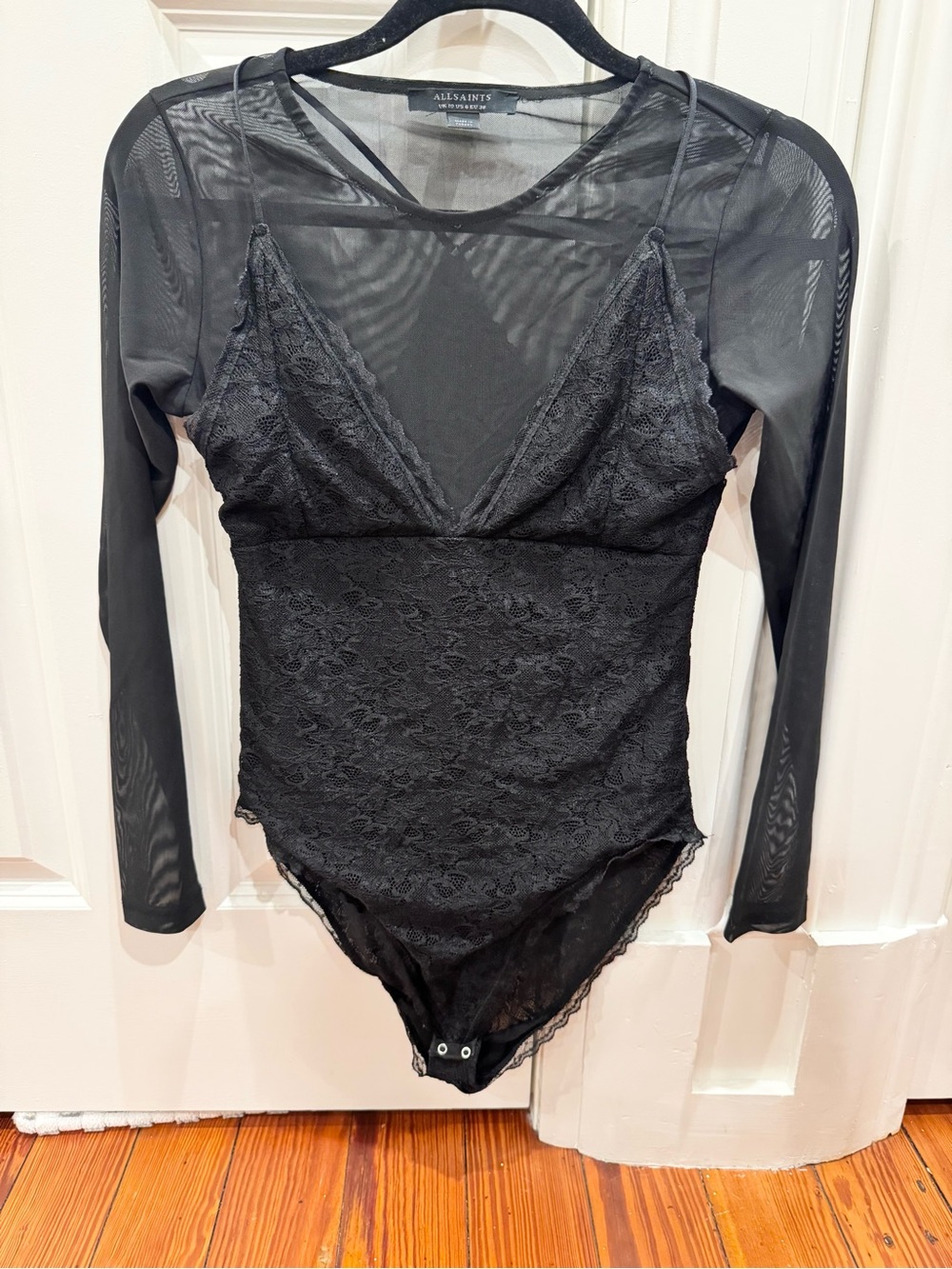 AllSaints Black Lace & Sheer Long-Sleeve Bodysuit
Sz.6 Whimsigoth Goth Coquette
